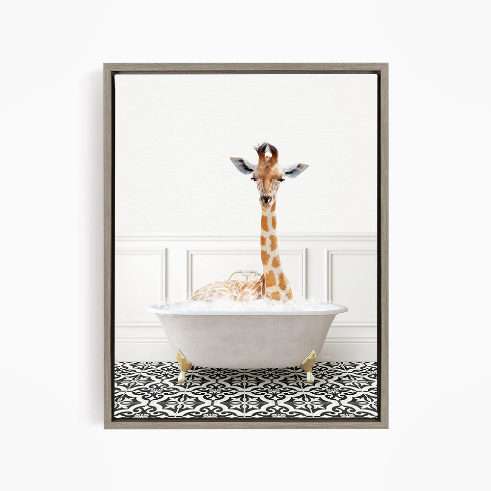 A giraffe is sitting in a white bathtub filled with water, creating a whimsical and playful scene.