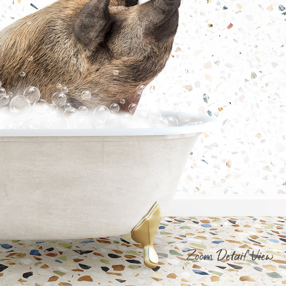 A dog is sitting in a bathtub filled with bubbles, enjoying a relaxing bath.