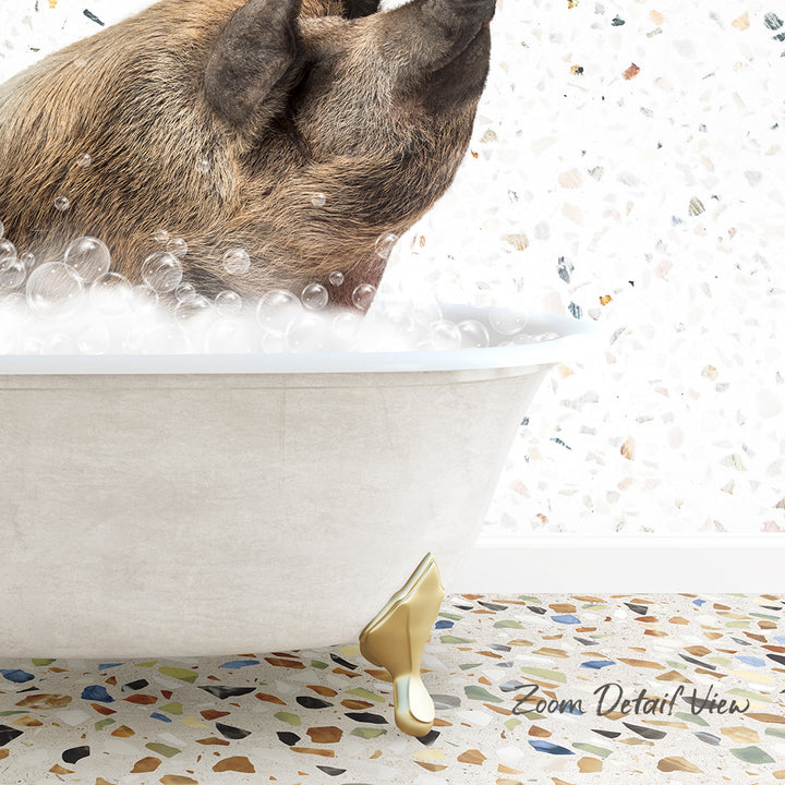 A dog is sitting in a bathtub filled with bubbles, enjoying a relaxing bath.