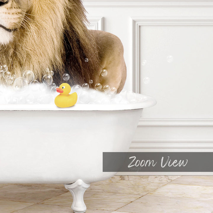 A white bathtub filled with bubbles, with a yellow rubber duck sitting in the water.