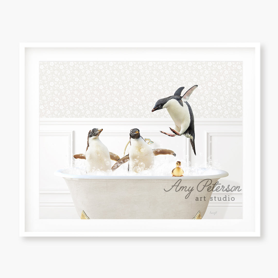 a group of penguins in a bath tub