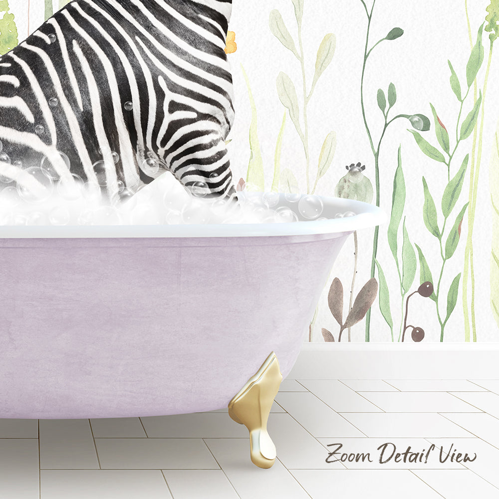 A zebra standing in a bathtub filled with water, surrounded by green plants and leaves, with a text overlay that reads "Zoom Detail View".