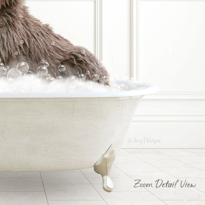 A fluffy brown dog is sitting in a white bathtub filled with bubbles, enjoying a bath.