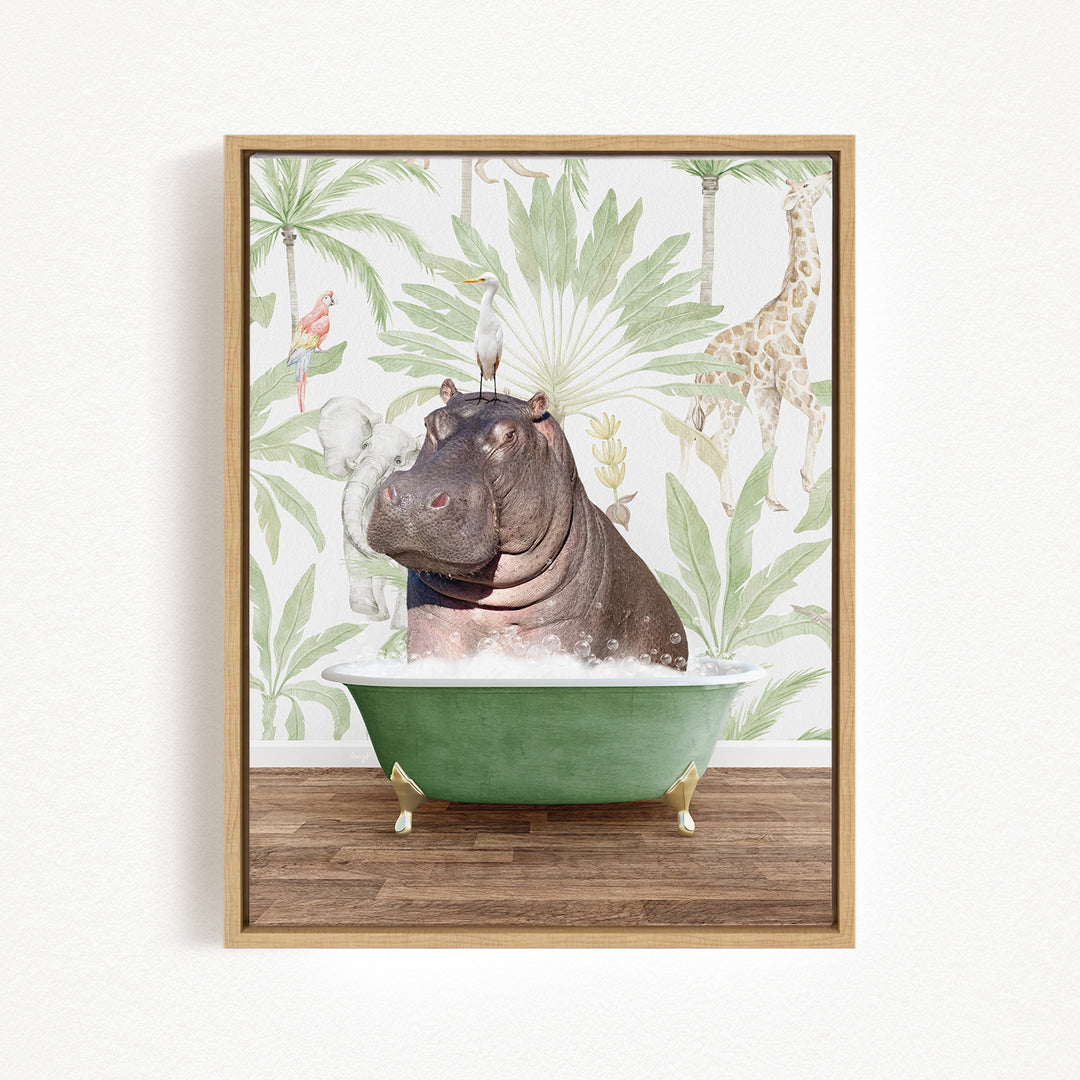 A framed image depicting a hippopotamus sitting in a green bathtub, surrounded by tropical foliage and a giraffe.