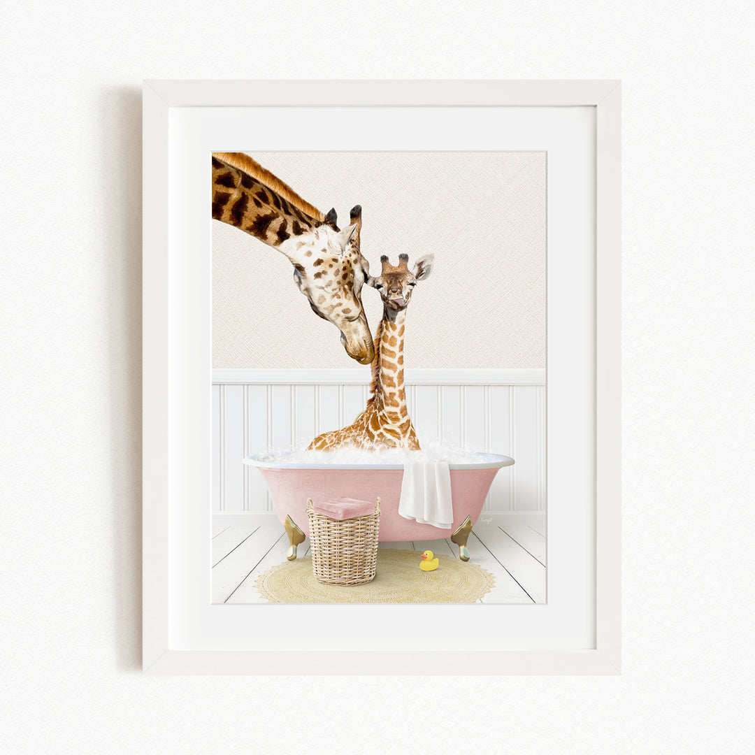 A mother giraffe and her baby giraffe enjoying a bath together in a pink bathtub, with a yellow rubber duck floating nearby.
