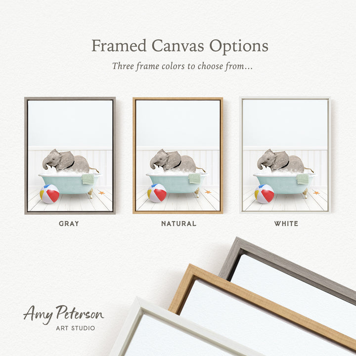 three framed canvas options, each featuring a different color: gray, natural, and white. The text above the images reads " Framed Canvas Options" and "Three frame colors to choose from...". The bottom of the image includes the text " Amy Peterson ART STUDIO".