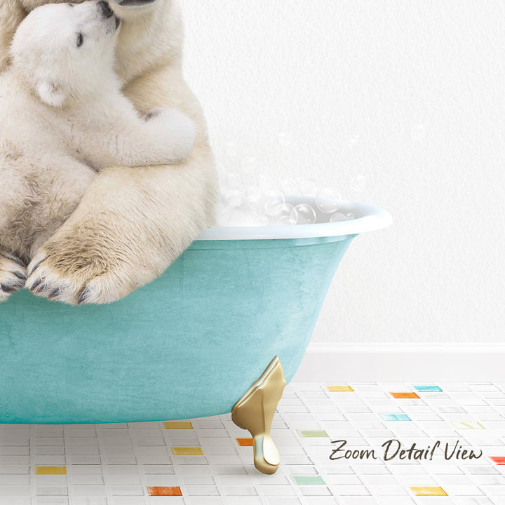 A polar bear is sitting in a blue bathtub, with bubbles around it, and a gold claw-like object on the floor.