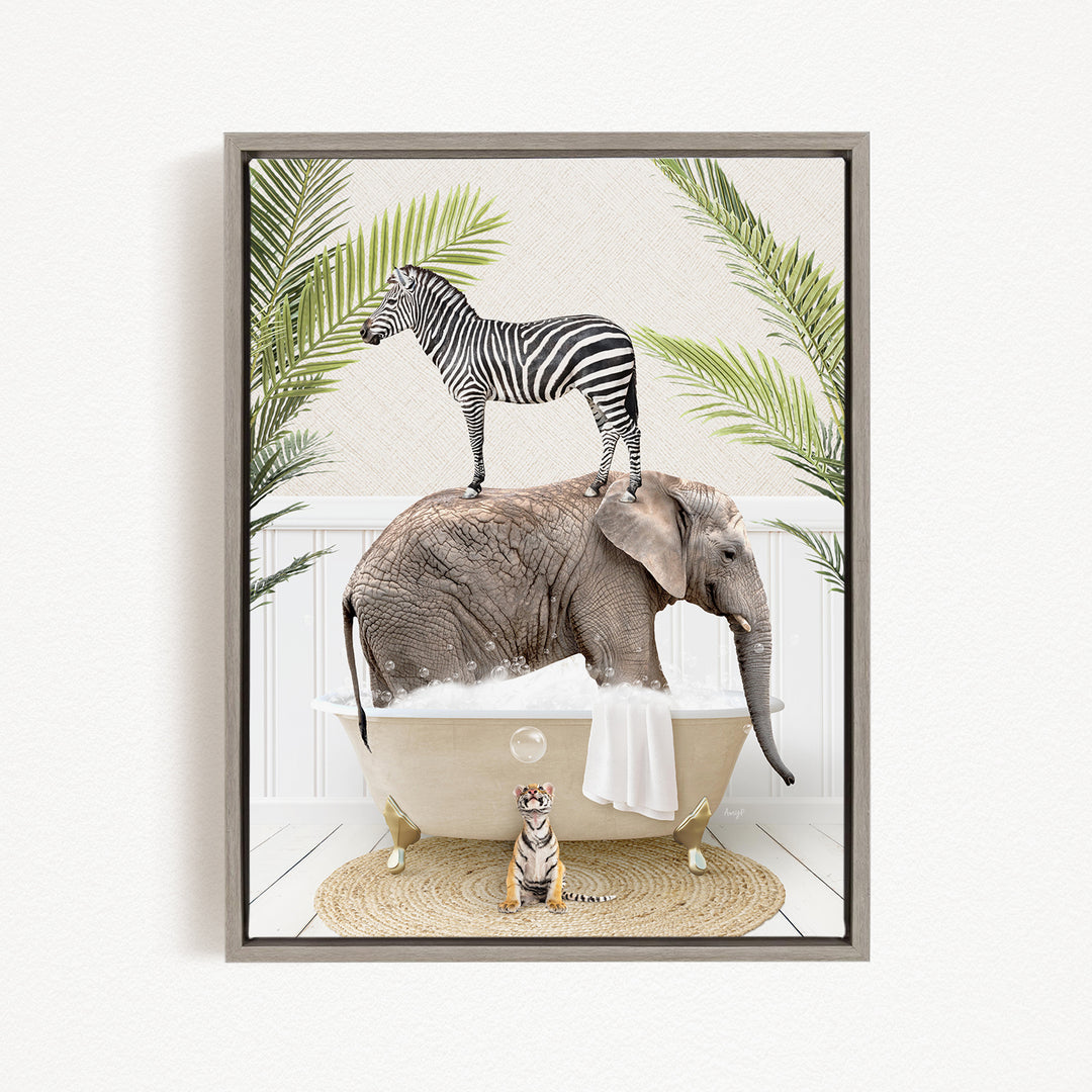 A zebra stands on the back of an elephant, which is sitting in a bathtub filled with bubbles, with a tiger standing nearby.