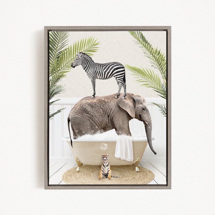 A zebra stands on the back of an elephant, which is sitting in a bathtub filled with bubbles, with a tiger standing nearby.