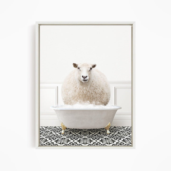 A fluffy white sheep sits in a white bathtub filled with bubbles, creating a whimsical and amusing scene.