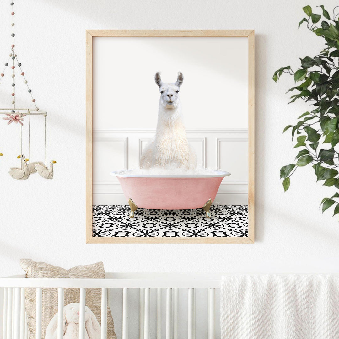 Llama in Stencil Tile with Pink Bathtub Bath