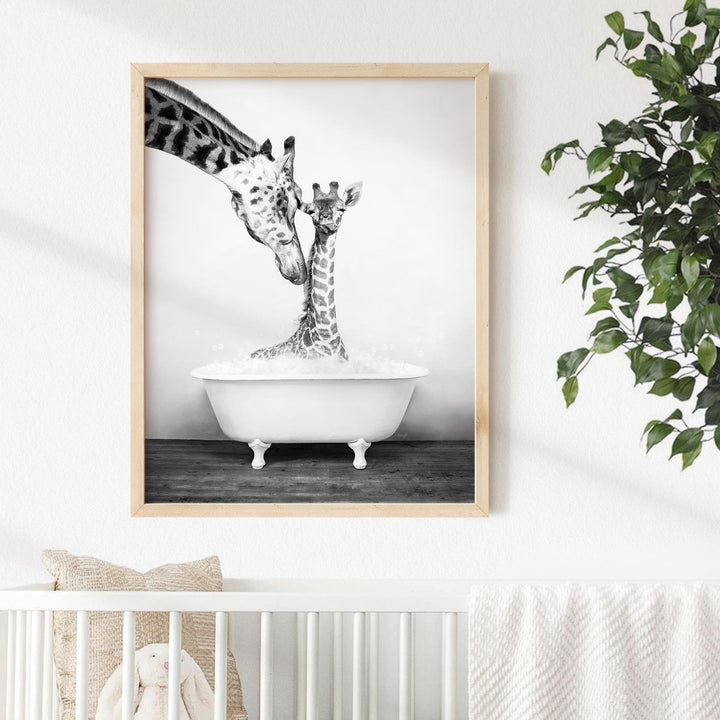 Mother and Baby Giraffe in Rustic Black and White