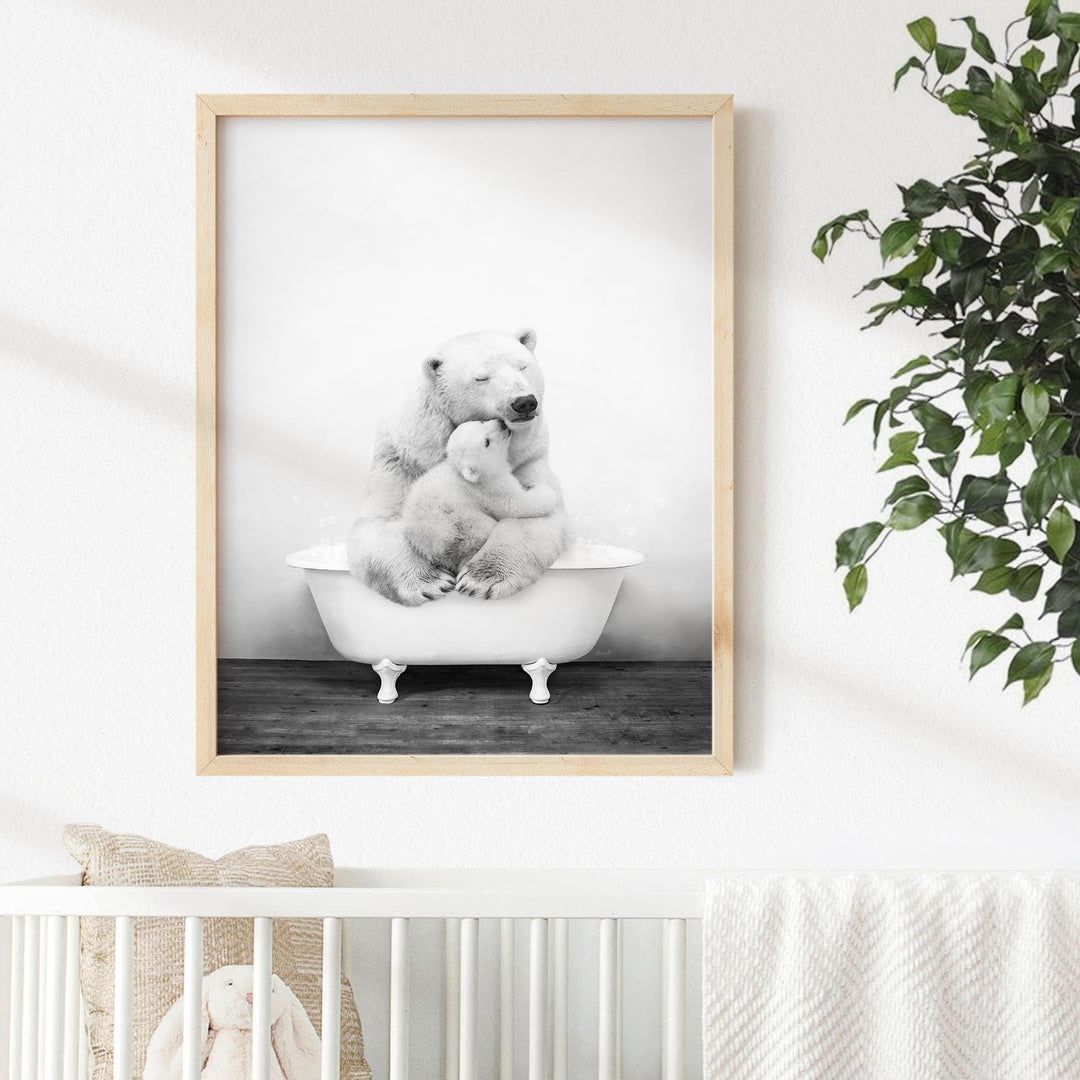 Mother and Baby Polar Bear in Rustic Black and White