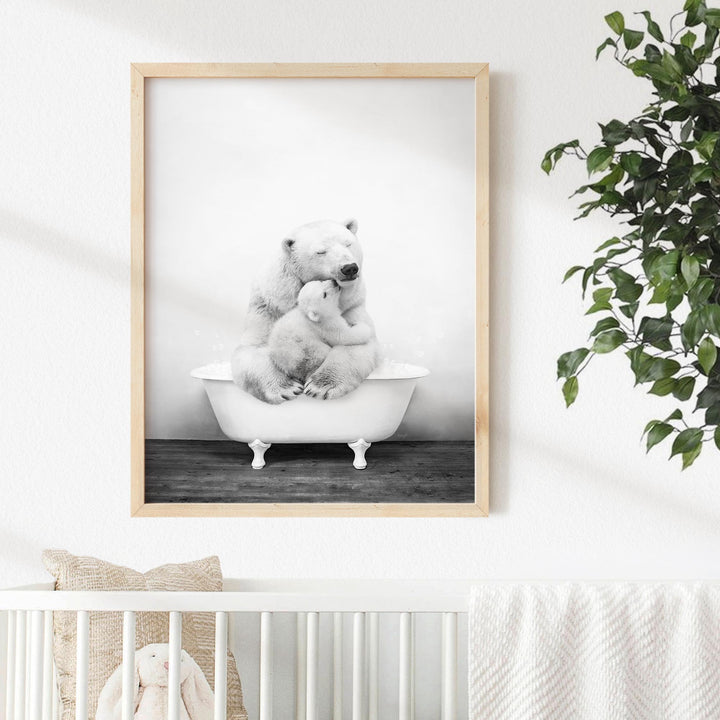Mother and Baby Polar Bear in Rustic Black and White