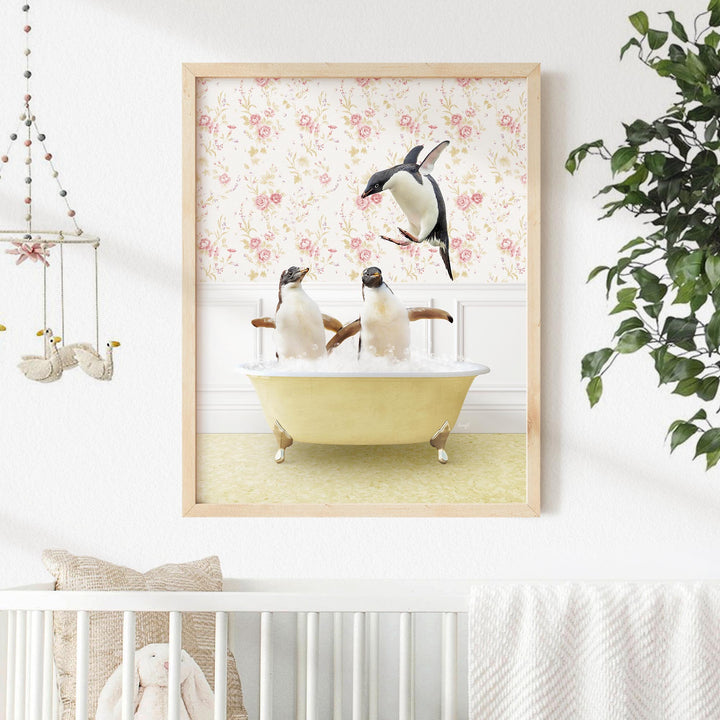 Penguins Playing in Vintage Yellow Bath