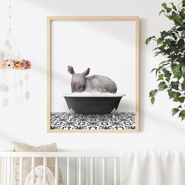 Baby Rhino in Stencil Black & White Bath