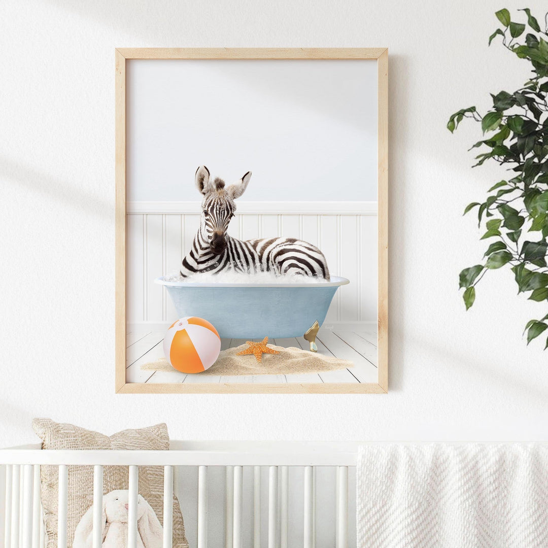 Baby Zebra in Beach House Bath with Beach Ball and Sand