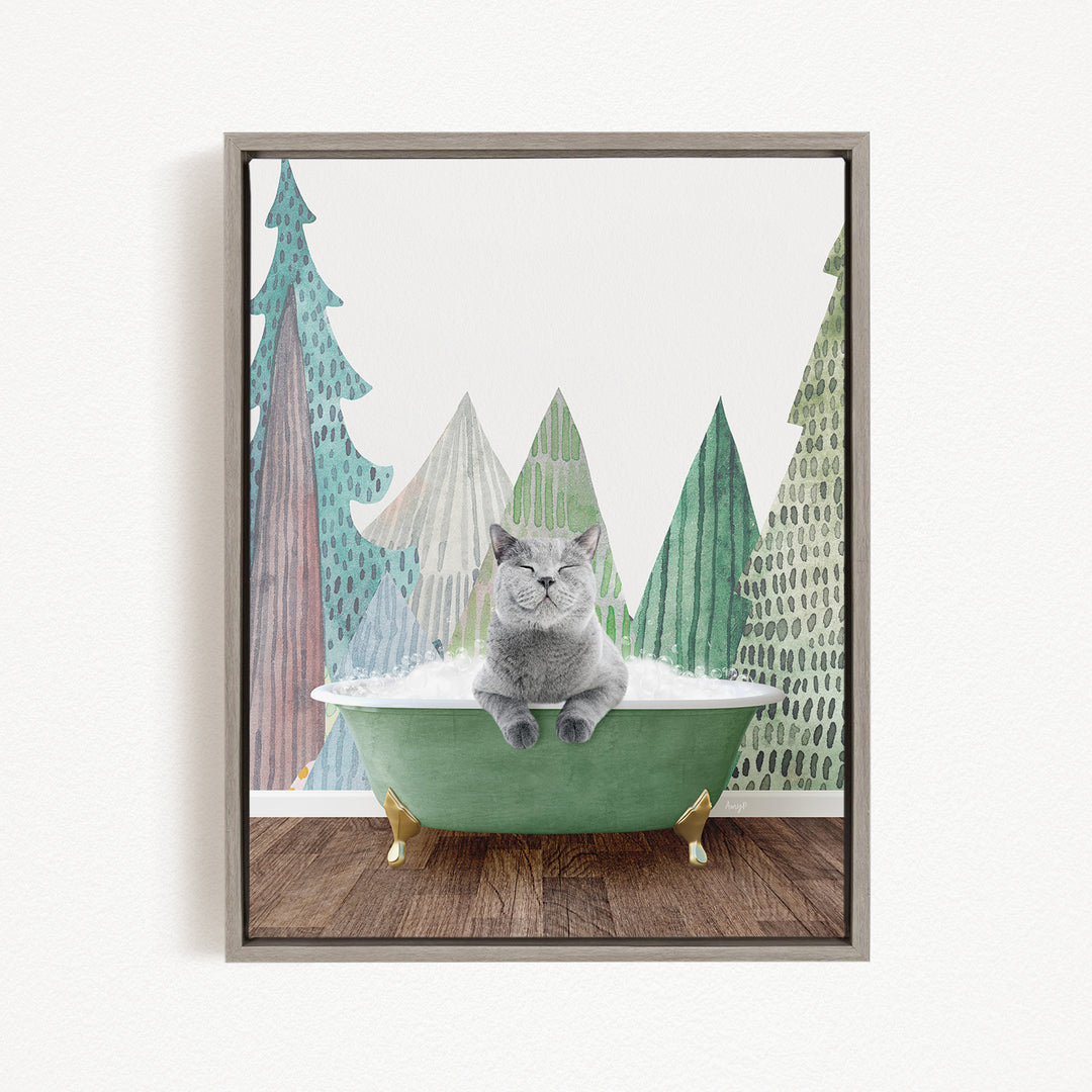 A gray cat sitting in a green bathtub, surrounded by a forest-themed background with trees and snow.