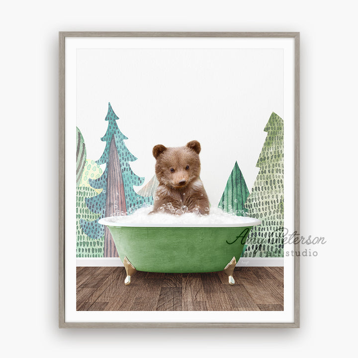 a brown teddy bear sitting in a green bath tub