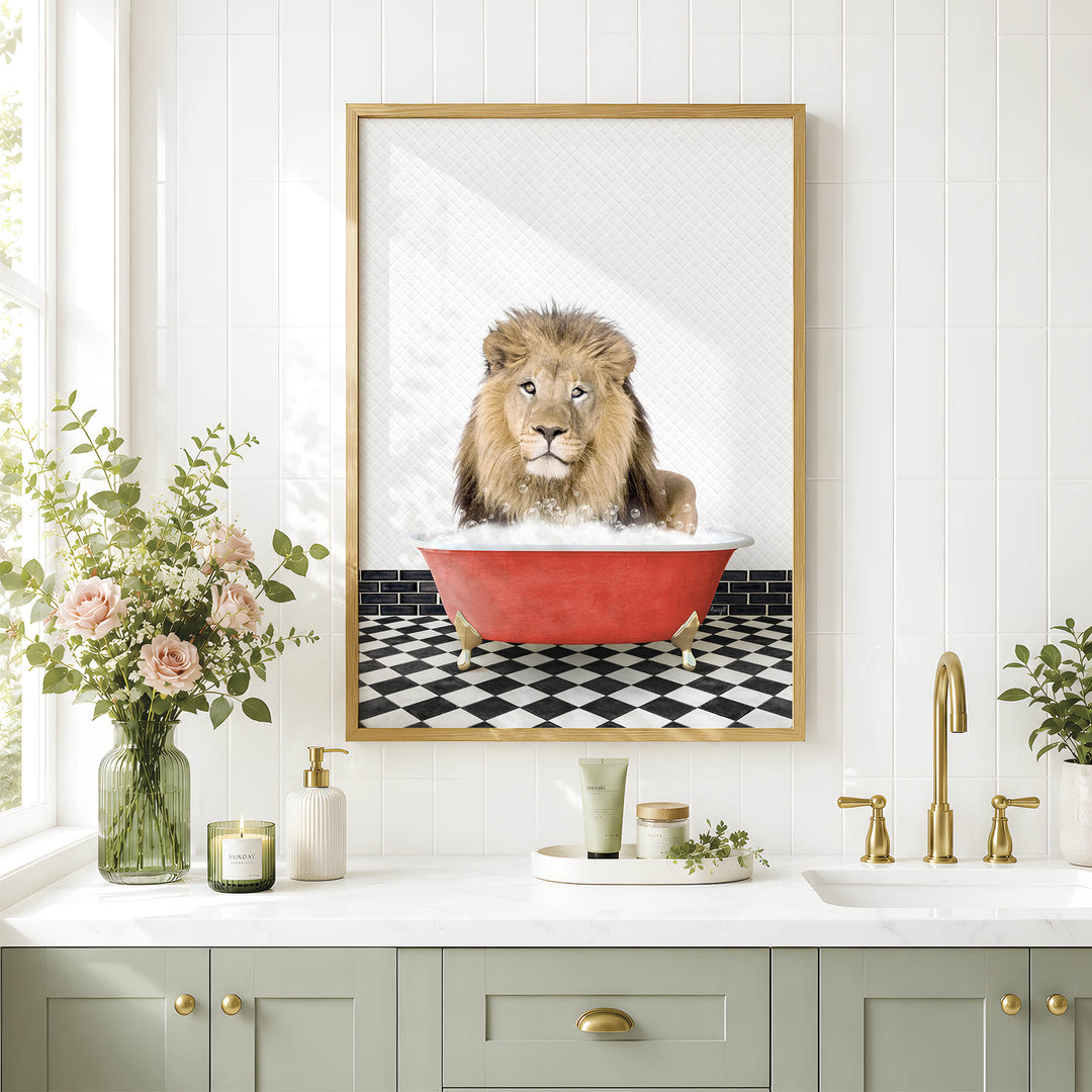 A framed image of a lion sitting in a red bathtub, surrounded by a checkered floor and a black and white checkered tile wall.
