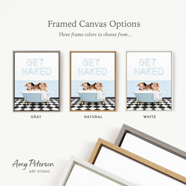 three framed canvas options, each featuring a different color and style of frame. The options include a gray frame, a natural frame, and a white frame. The text above the options reads " framed Canvas Options Three frame colors to choose from...".