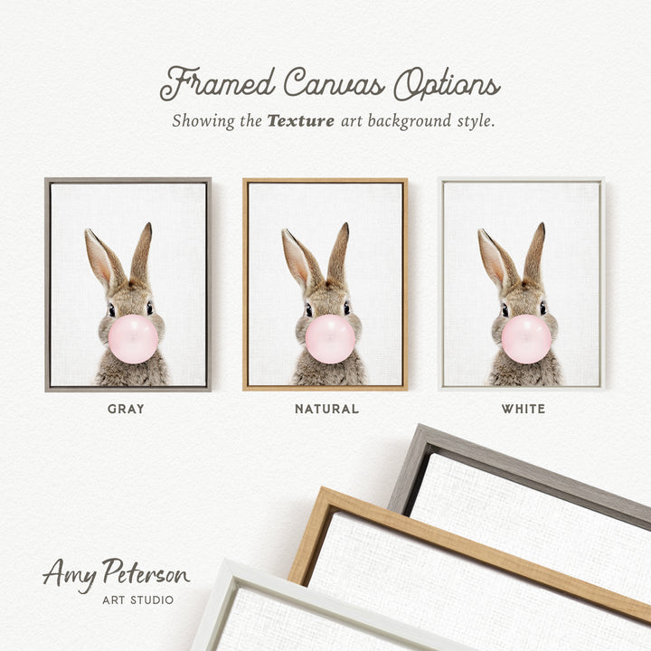three framed pictures of a rabbit blowing a bubble with a pink bubblegum bubble. The rabbit is shown in different color backgrounds, which are gray, natural, and white.
