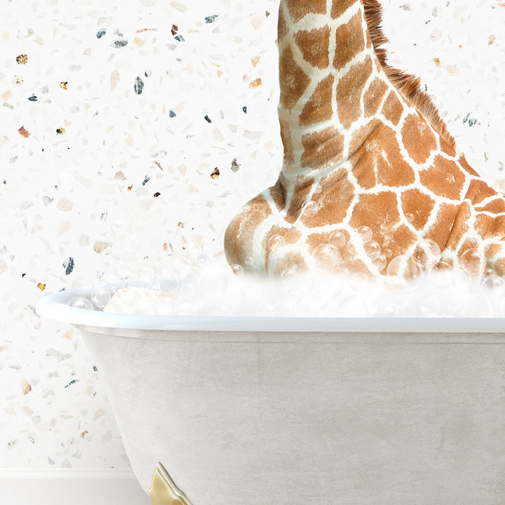 a giraffe sticking its head out of a bathtub