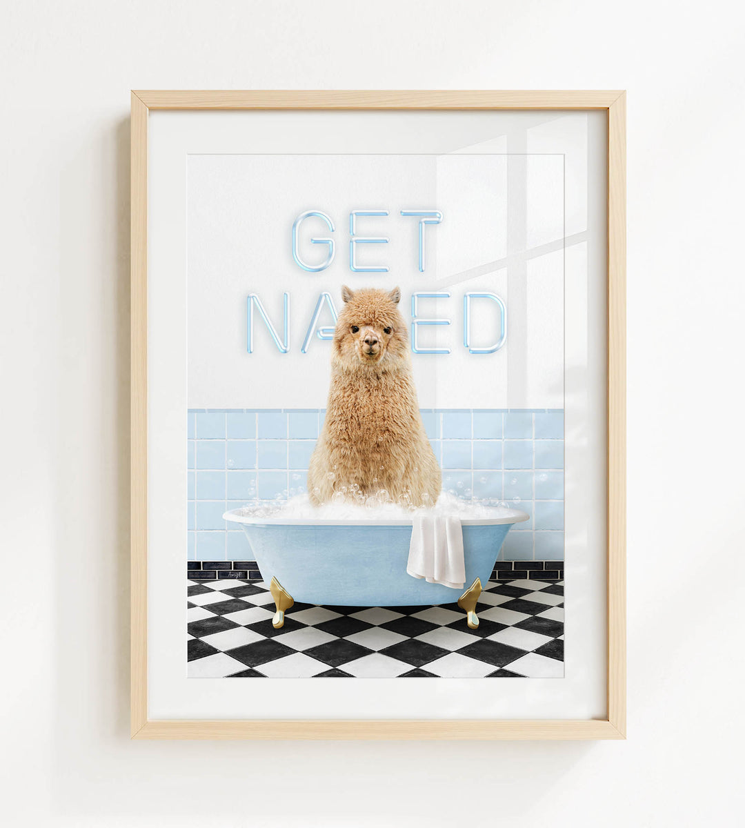 A framed image of a fluffy alpaca sitting in a bathtub filled with bubbles, with the text "GET NAUGED" displayed above it.