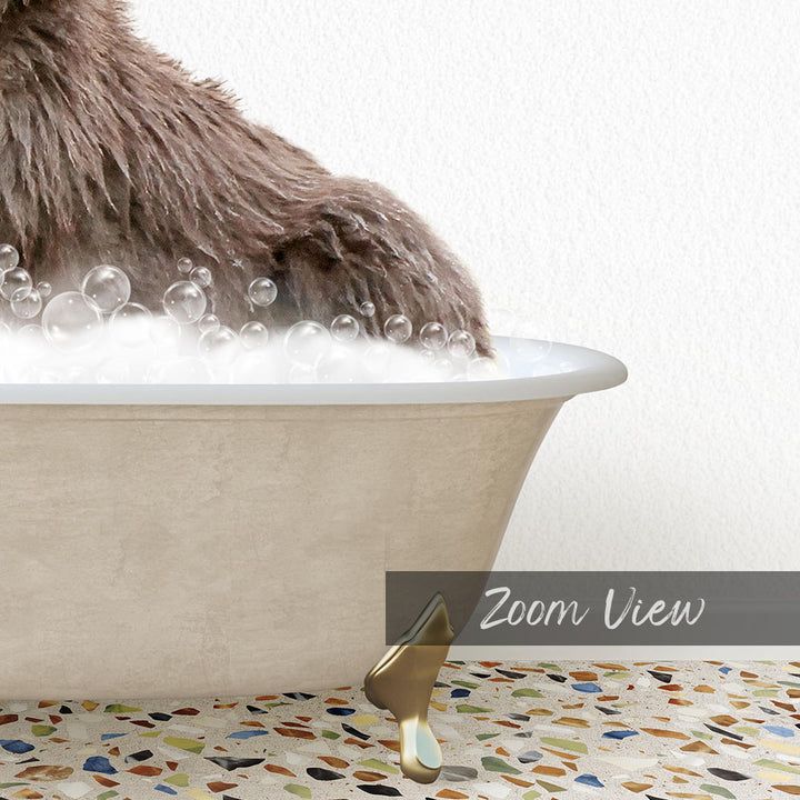 A close-up of a dog's paw submerged in a bathtub filled with bubbles, with a text overlay that reads "Zoom View".