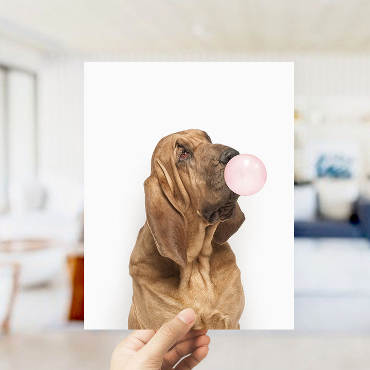 A brown dog is blowing a pink bubble with its mouth, as a person holds up a white background with the dog's image.