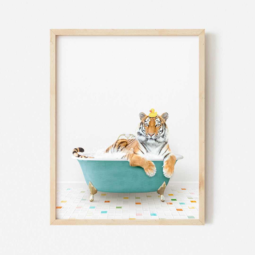 a picture of a tiger taking a bath in a blue bathtub