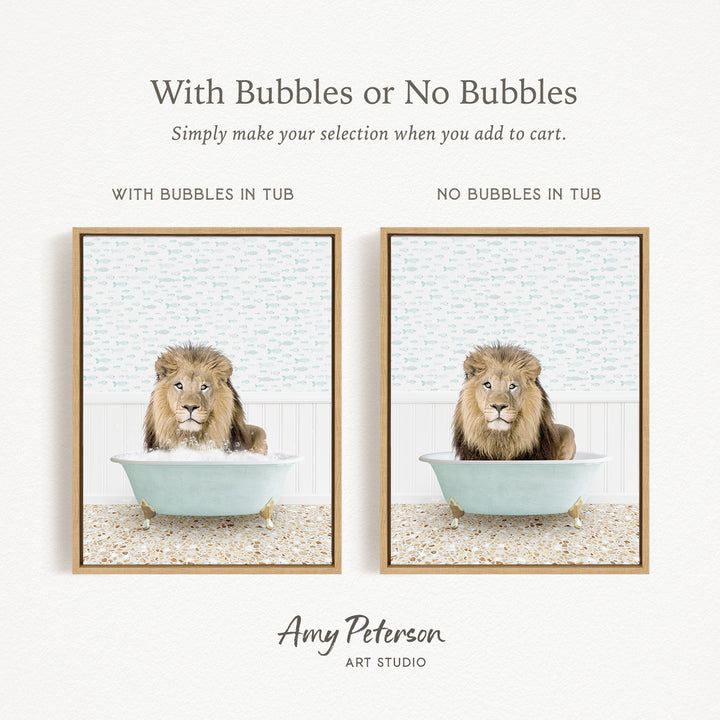 The image is a collage of two pictures featuring a lion sitting in a bathtub. The lion is depicted in both a tub with bubbles and a tub without bubbles, allowing viewers to choose which version they prefer.
