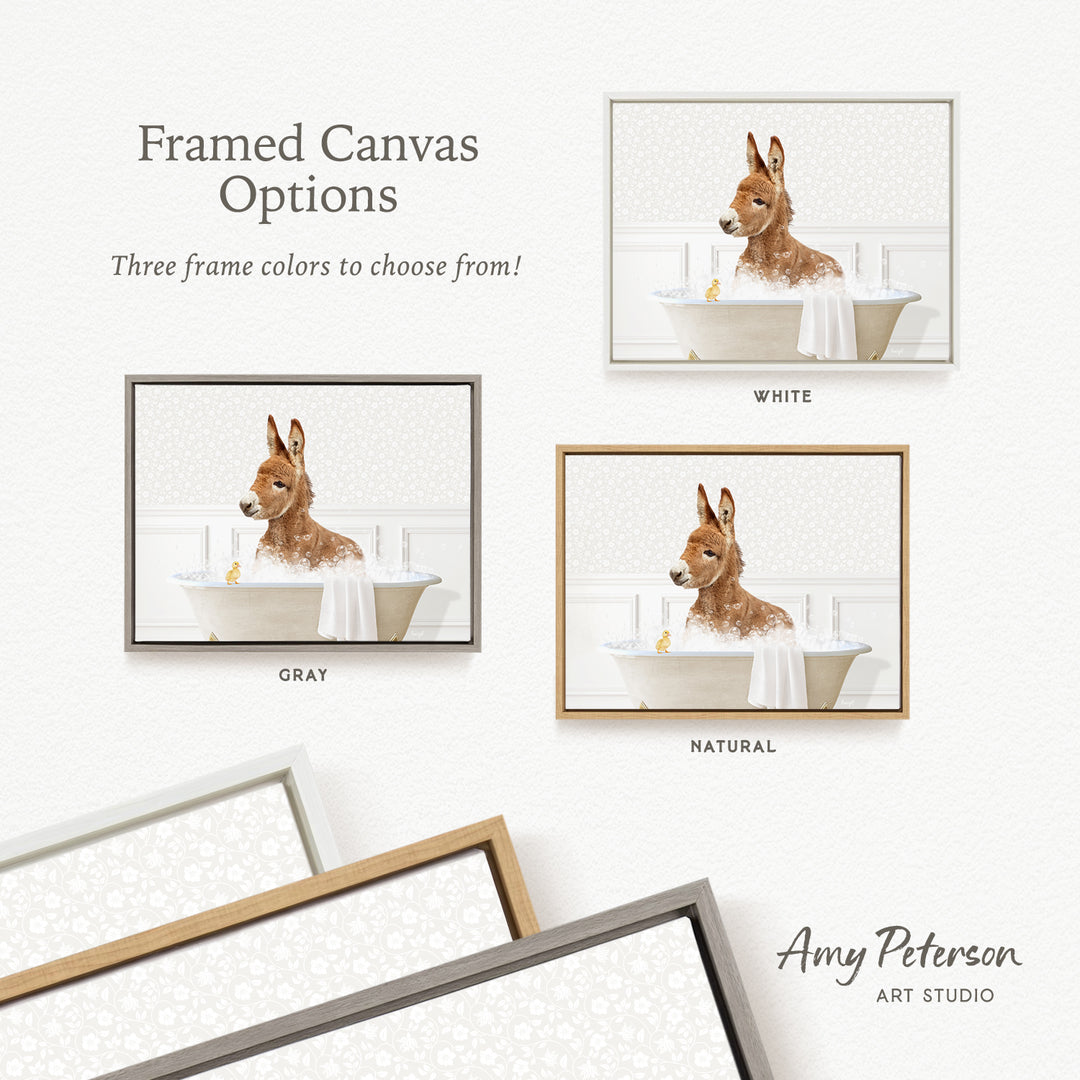 The image is a framed canvas with three different colored frames, each containing a picture of a dog sitting in a bathtub. The frames are labeled with the color options: "White", "GREY", and "NATURAL".