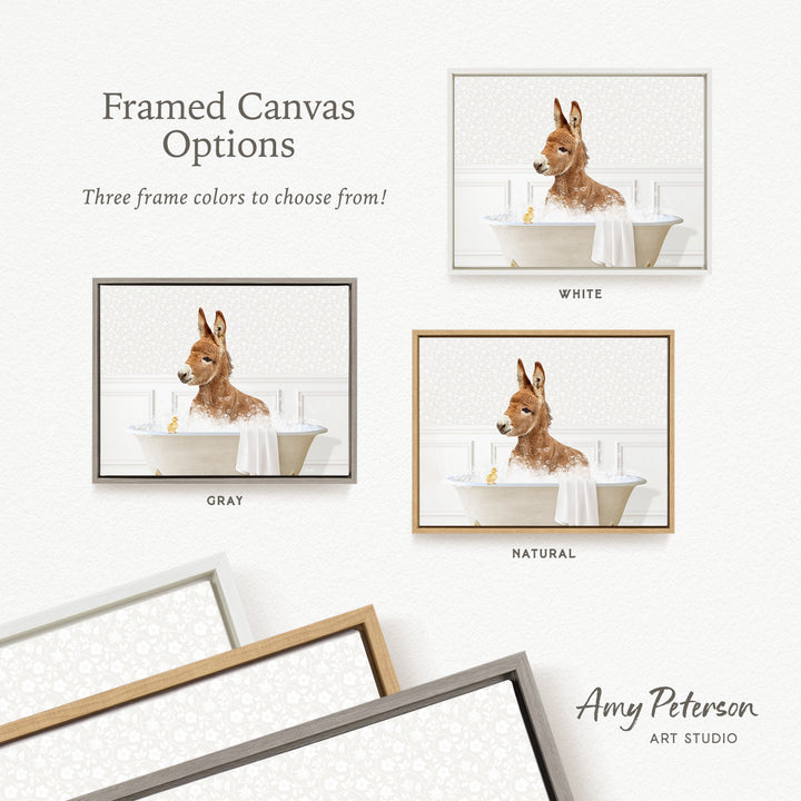 The image is a framed canvas with three different colored frames, each containing a picture of a dog sitting in a bathtub. The frames are labeled with the color options: "White", "GREY", and "NATURAL".