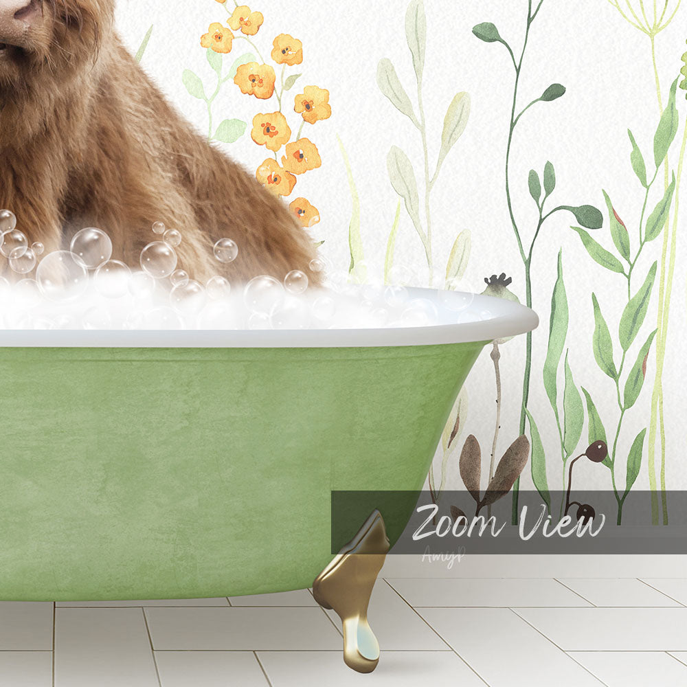 A brown bear is sitting in a green bathtub filled with bubbles, surrounded by a floral wallpaper.