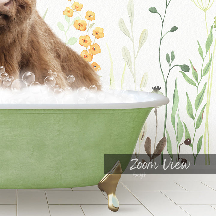 A brown bear is sitting in a green bathtub filled with bubbles, surrounded by a floral wallpaper.