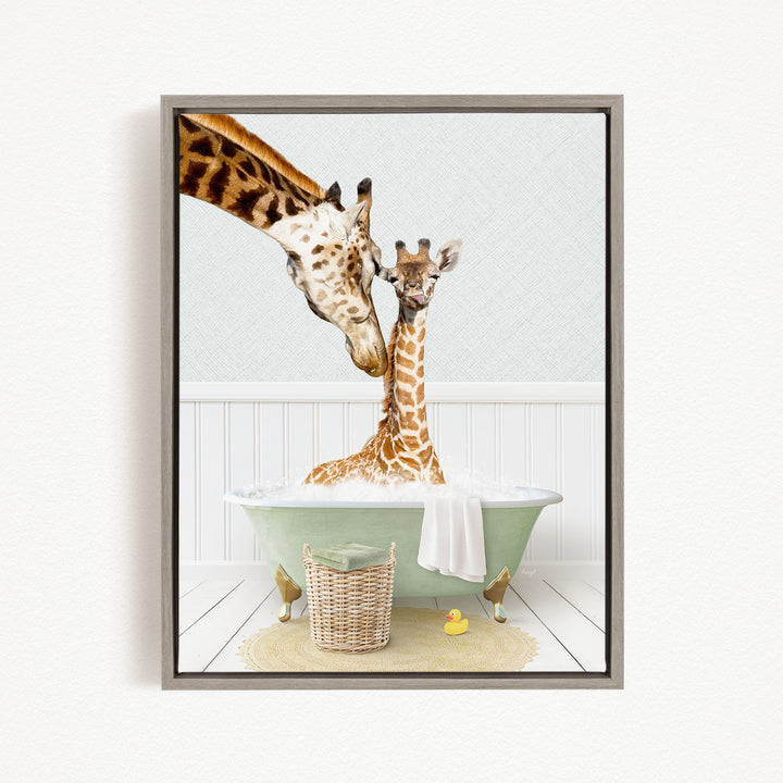 A mother giraffe and her baby giraffe enjoying a relaxing bath together in a green bathtub, surrounded by a basket of toys and a yellow rubber duck.
