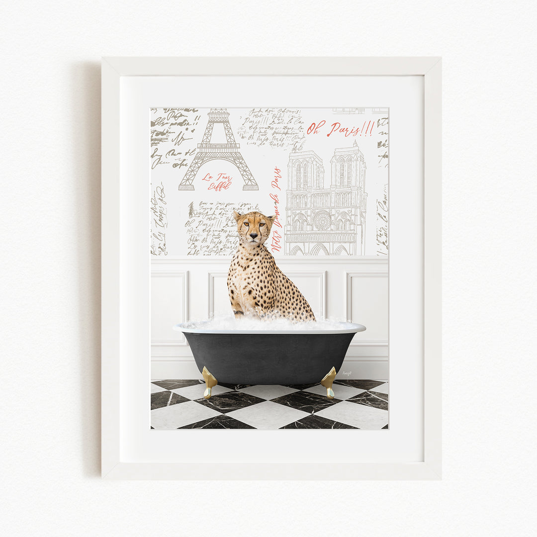 A cheetah sitting in a bathtub, surrounded by a Paris-themed background with the Eiffel Tower and other landmarks.