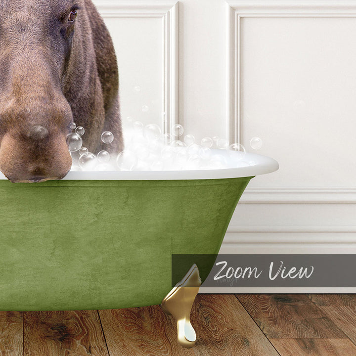A close-up of a brown horse's head peeking over the edge of a green bathtub filled with bubbles, with a white door and wooden floor in the background.