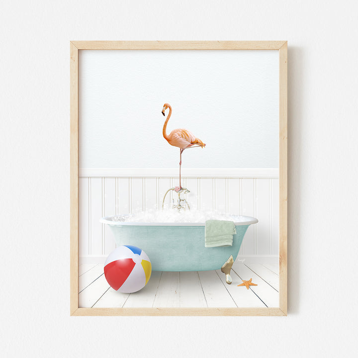 a picture of a flamingo in a bathtub with a beach ball