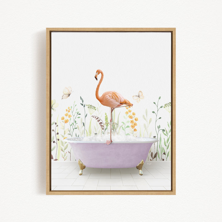 A pink flamingo stands on a purple bathtub, surrounded by a floral and butterfly-themed background.