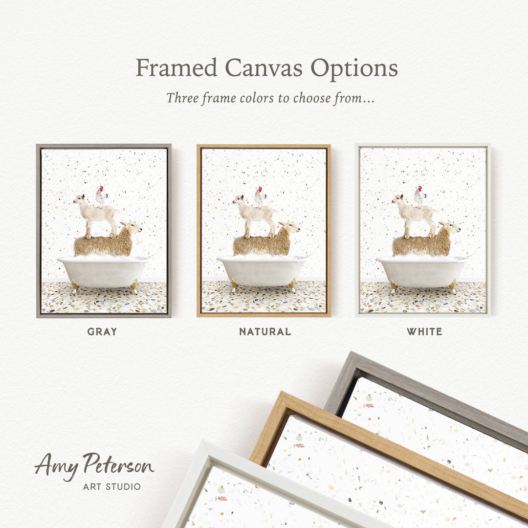 The image is a framed canvas option showcasing three different frame colors: gray, natural, and white. The canvas features a white sheep on a brown surface, and the frame colors are gray, natural, and white.