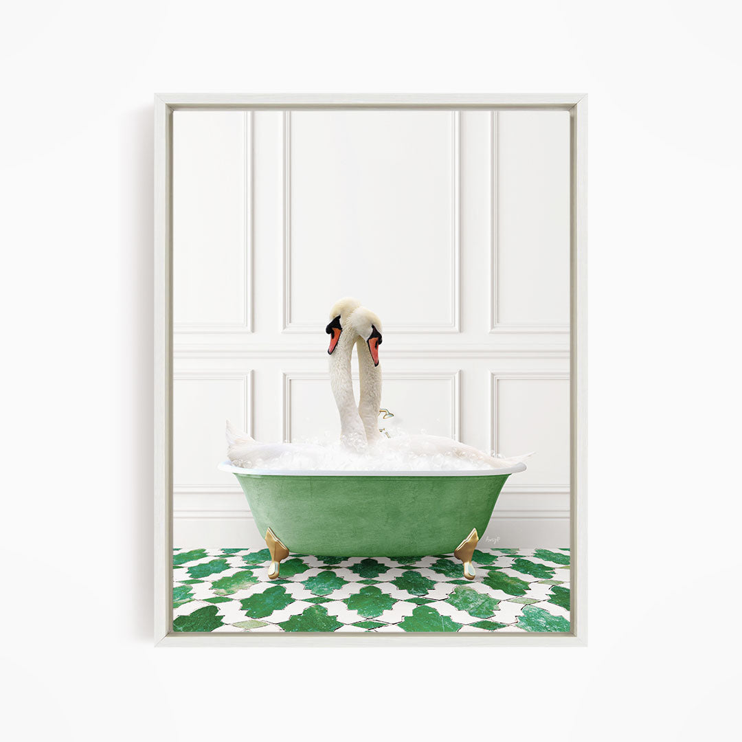 A pair of swans sitting in a green bathtub filled with bubbles, with a green and white patterned floor beneath them.