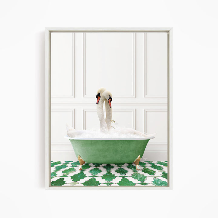 A pair of swans sitting in a green bathtub filled with bubbles, with a green and white patterned floor beneath them.