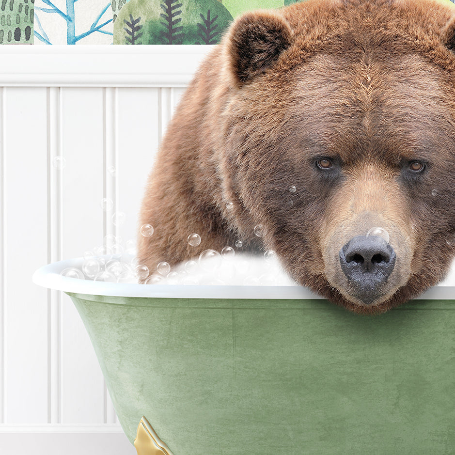 a large brown bear sitting in a bath tub