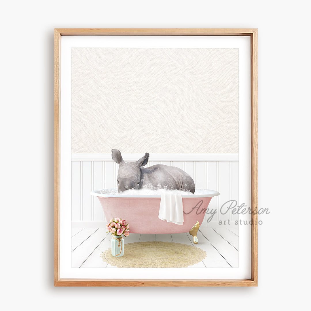 a painting of a cat taking a bath in a pink bathtub