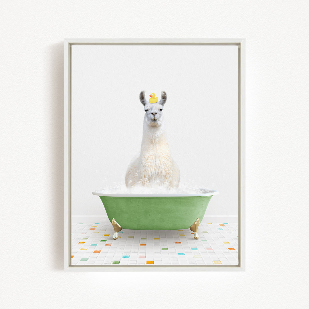 A white llama sitting in a green bathtub filled with bubbles, with a yellow rubber duck floating on its head.