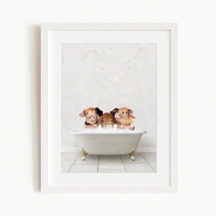 Three adorable pigs sitting in a white bathtub, enjoying a relaxing bath.