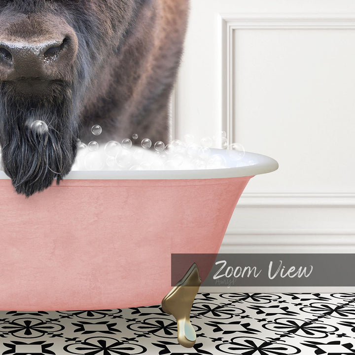 A close-up of a dog's face peeking over the rim of a pink bathtub filled with bubbles, with a gold object resting on the floor in front of the tub.