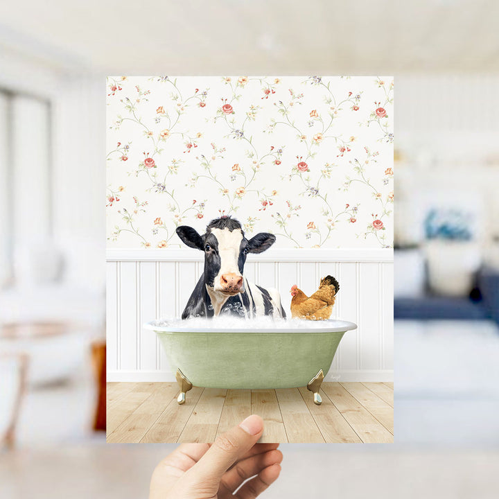 A cow and a chicken are sitting in a green bathtub filled with water, creating a whimsical and humorous scene.